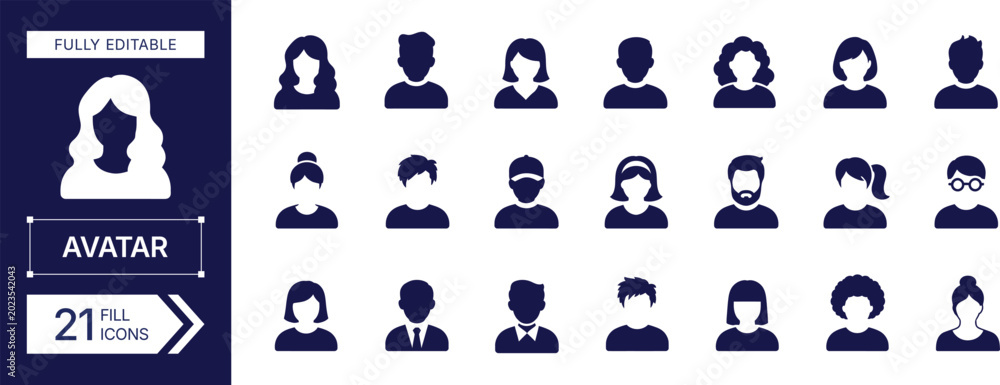 Fototapeta premium Set of 21 diverse human avatar profile silhouette icons. Avatar, profile, user, person, human, silhouette and more vector illustration
