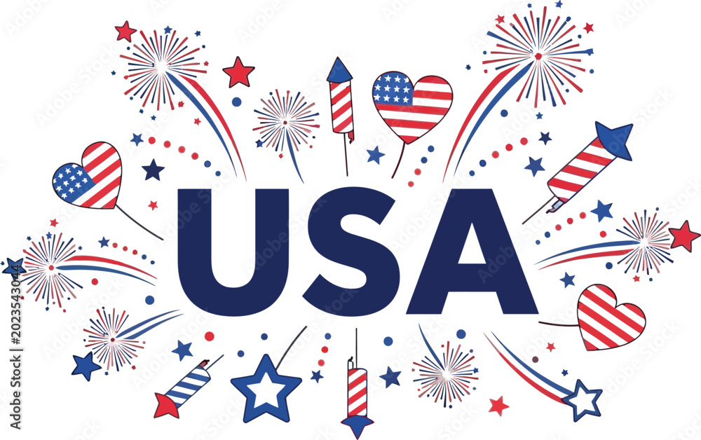 Obraz premium Usa celebration with fireworks and hearts vector illustration isolated on transparent background