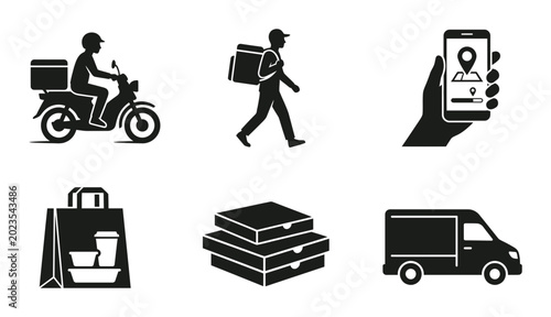 Food Delivery Icons Set: Motorcycle Courier, Walker, Mobile App, Shopping Bag, Pizza Boxes, Van