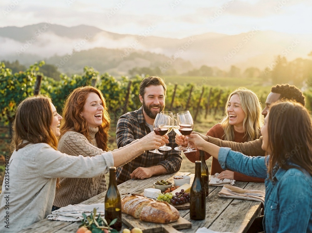 Obraz premium Friends celebrating with wine glasses at rustic vineyard table during golden hour