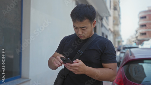 Foto Man holding smartphone in both hands and glancing up amid parked cars on a sunlit city street; urban curiosity