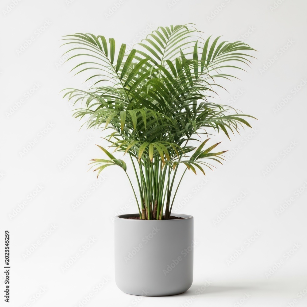 Fototapeta premium A Lush Green Areca Palm Plant in a Modern Gray Pot.