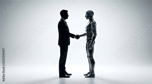Businessman shaking hands with a sleek humanoid robot representing the future of artificial intelligence work