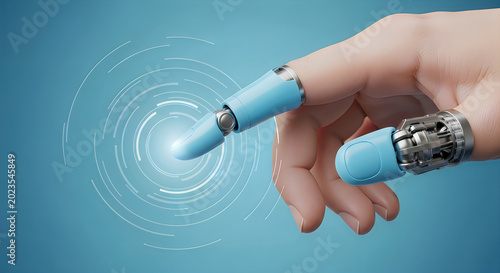 Human hand with robotic finger and thumb touching a glowing digital interface