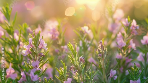 Fresh rosemary blossoms illuminate a sunny garden during golden hour