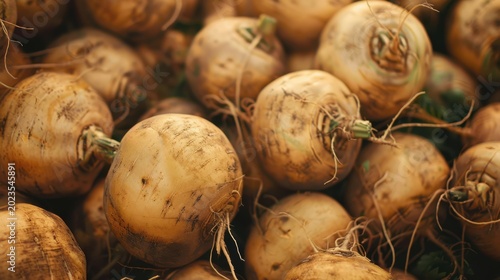 Fresh rutabaga harvest showcasing earthy textures and vibrant colors in a rustic setting