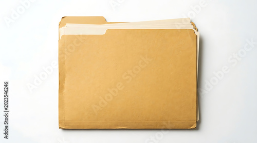 Manila paper file folder with documents inside isolated on a clean white background for office and business organization