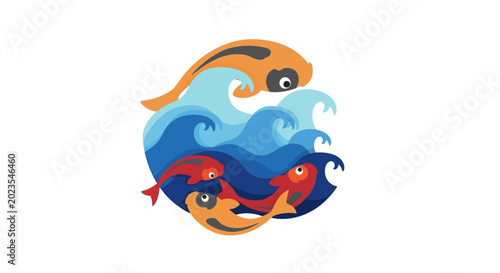 Stylized Koi Fish Swimming in Blue Waves, Japanese Art Style