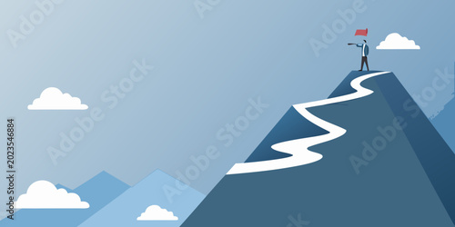 Bild auf Leinwand Minimalist illustration of a person standing on a mountain peak with a red flag