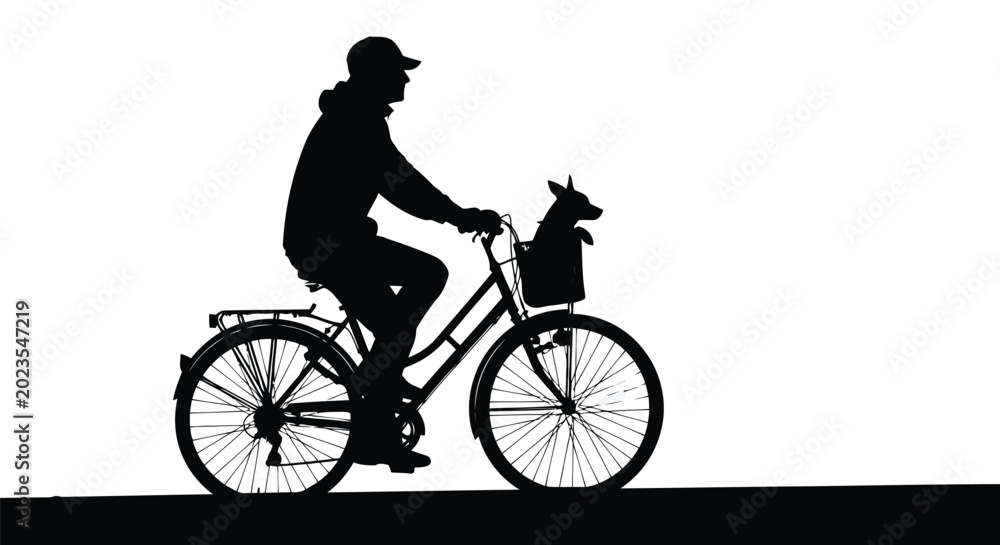 Fototapeta premium Outdoor recreation silhouette of a man riding bicycle with dog in basket on white background