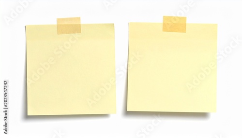 Two yellow sticky notes with adhesive tabs on white background, blank space for text, office organization tool