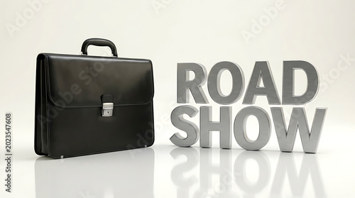 A professional black leather briefcase positioned next to a bold 3D 'ROAD SHOW' text for business travel and events
