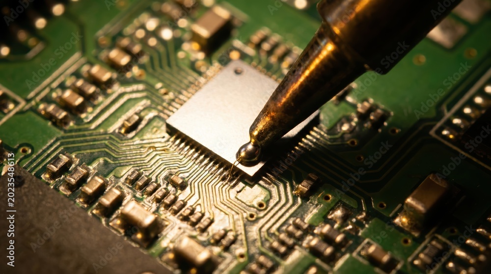 Obraz premium Precision Soldering on Electronic Circuit Board
