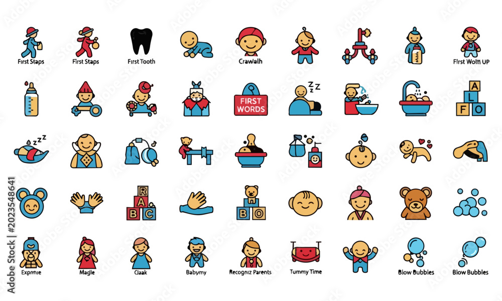 Obraz premium Baby milestones icons set colorful solid colors bold