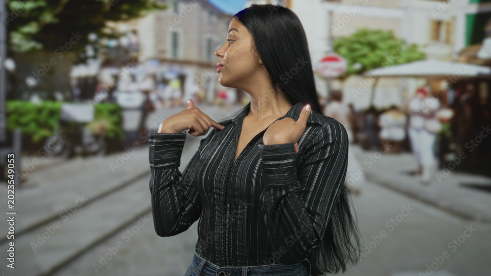 Fototapeta premium Woman in black striped shirt points thumb to chest on sunlit city street with blurred shopfronts and passersby under green trees; pride.