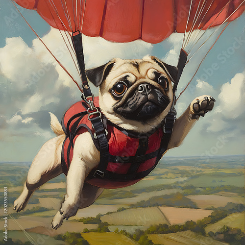 A happy pug dog soaring through the air with a red parachute harness above a scenic countryside landscape for whimsical adventure