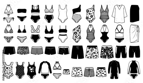 Bild auf Leinwand Black and White Swimwear Illustration Set with Bikinis Swimming Trunks and Beach