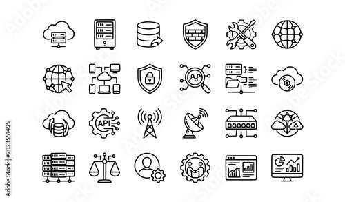 Cloud computing illustration set with digital server infrastructure and futuristic technology elements