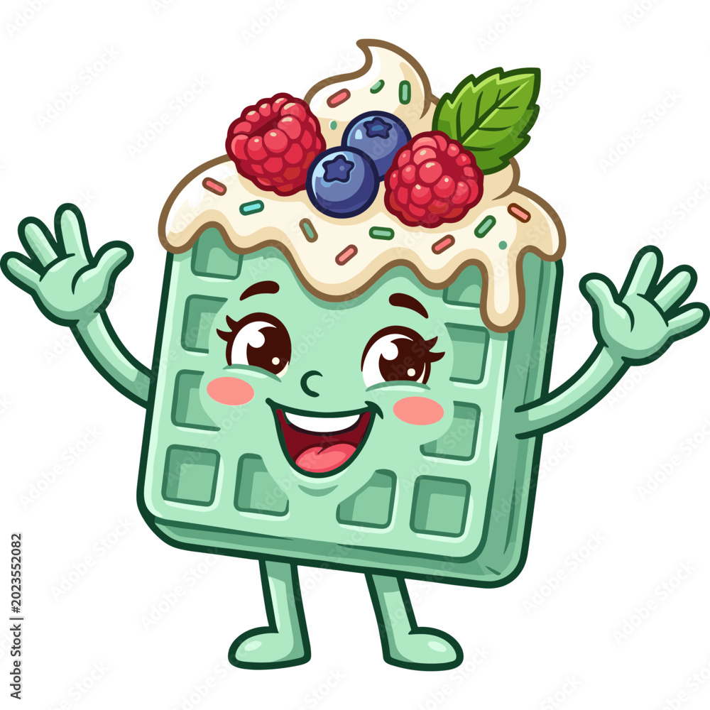 Fototapeta premium A happy green waffle character with berries and icing on top waves enthusiastically.