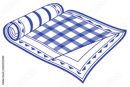 Blue and white checkered tablecloth rolled up on one side with decorative border design elements