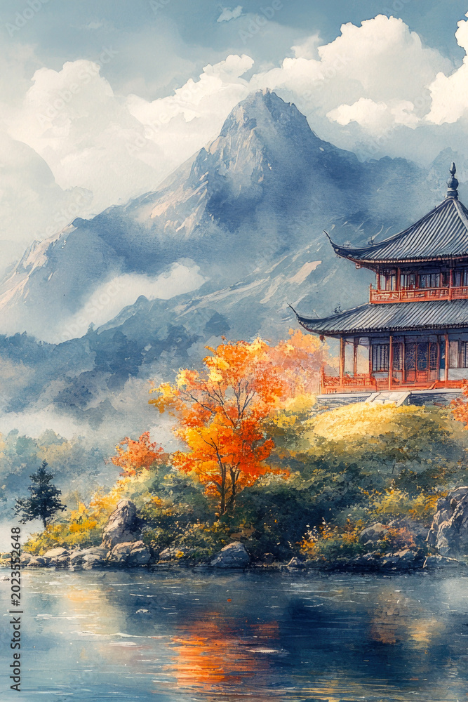 Obraz premium A serene pagoda situated in the middle of a peaceful lake, surrounded by lush greenery. vertical frame