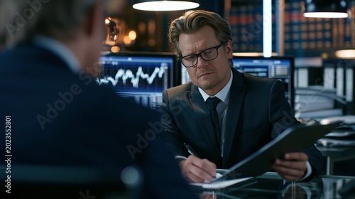 A forensic accountant facing a client across a desk, holding a clipboard with plastic backing toward the camera before dual monitors.