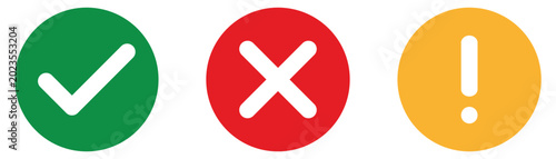 Foto Green check mark red cross and yellow exclamation point round icons representing