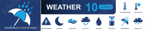 Weather icon set. Containing rain, cloud, storm, sunny, forecast, temperature, climate, umbrella, snow, meteorology and more. Solid fill vector icons collection.
