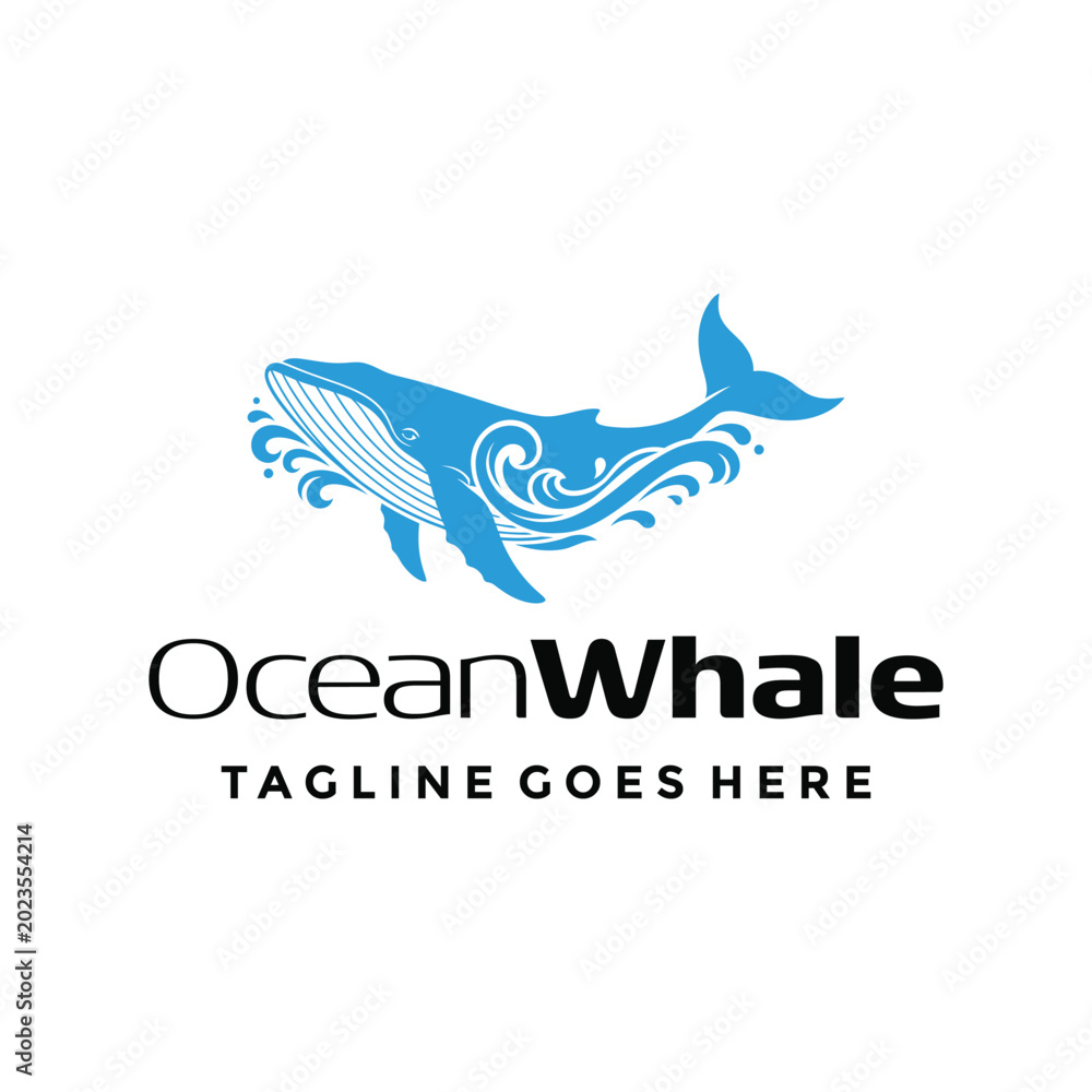 Naklejka premium blue whale silhouette with swirling ocean waves for marine life conservation sea exploration travel tourism eco friendly Logo Design