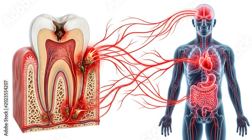 Medical diagram showing dental infection pathways connecting tooth decay to major human organs and systemic health issues