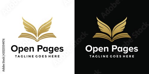 Foto Elegant golden open book with wings for education learning publishing knowledge