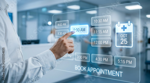 Person touching a futuristic holographic screen to schedule a medical appointment in a bright clinical hospital hallway