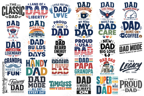 Dad typography quotes bundle, Father’s Day SVG collection, parenting humor vector designs, new dad hero love pride fishing golf truck shirt graphics for family gifts prints mugs cards crafts