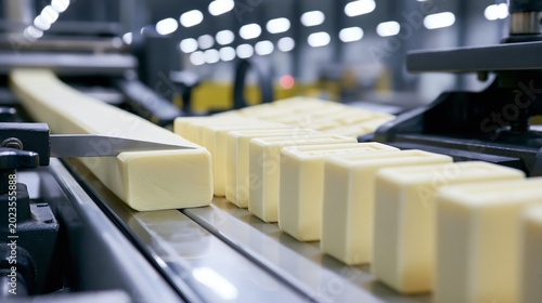 Industrial soap bars being sliced from an extruded log by a wire cutter and conveyed to a stamping press.