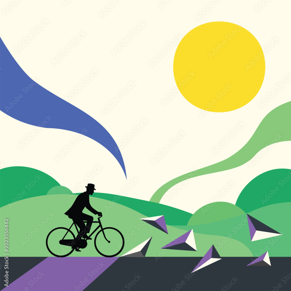 Fototapeta premium 2D Flat Vector illustration of a cyclist riding through colorful landscape