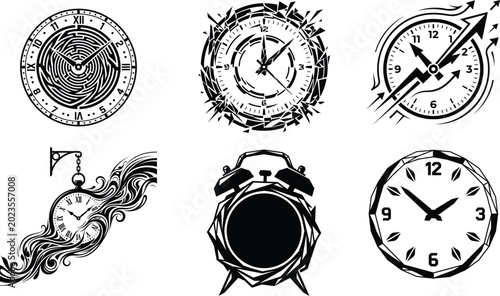 Collection of six unique clock designs with artistic black and white, mechanical