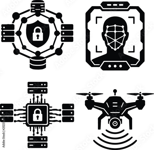 Fotografía Black and white line of robot, droid, drone, and humanoid figure line robot