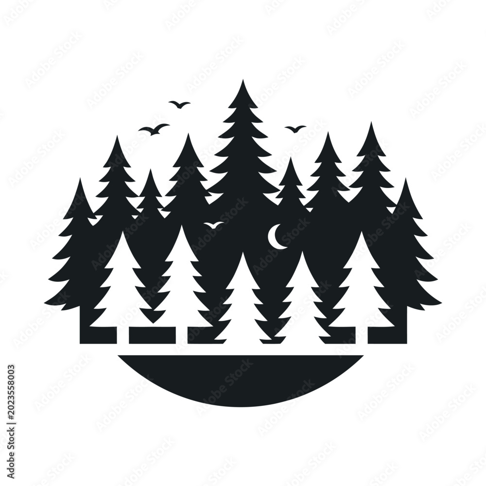 Obraz premium Circular Forest Silhouette with Pine Trees Birds and Crescent Moon Minimalist Nature Emblem Icon