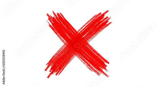Hand drawn red x mark on white background representing rejection or incorrect choice with rough artistic texture