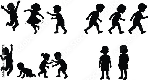 Bild auf Leinwand Children Silhouette Collection with Jumping Walking Playing and Kids Action Pose