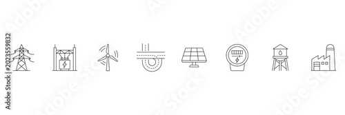 Industrial utilities power energy and infrastructure outline icon vector illustration set.