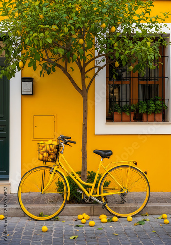 Yellow bicycle with lemons leaning against vibrant yellow building exterior