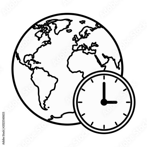 World map with clock showing global time zones flat design vector