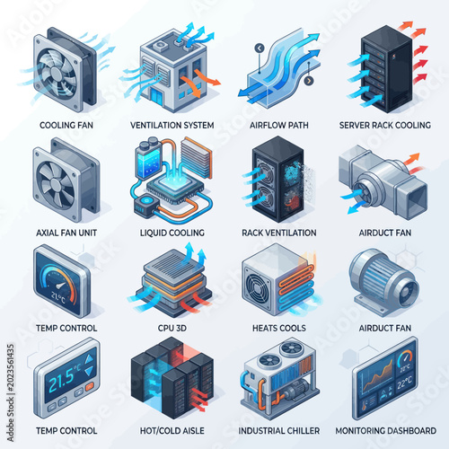 Computer cooling systems and airflow diagrams isometric illustration.