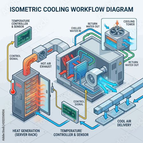 Isometric Cooling Workflow Diagram for Server Room.