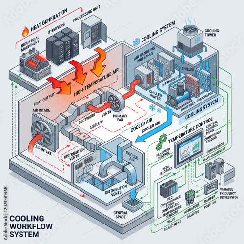 Cooling Workflow System Diagram with Heat Generation and Airflow.
