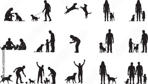 Set of people with dogs silhouettes showing walking training playing and bonding activities between humans and pets