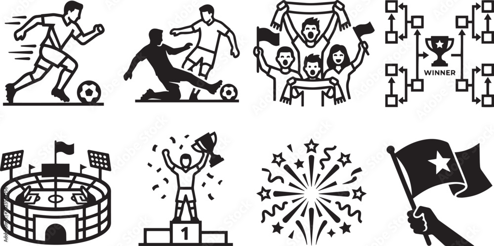 Obraz premium Soccer Tournament Championship and Football Fans Celebration Icon Set
