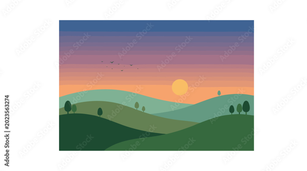 Fototapeta premium A serene digital landscape illustration shows gentle rolling hills with scattered trees under a soft gradient sunset sky with a flock of birds flying.