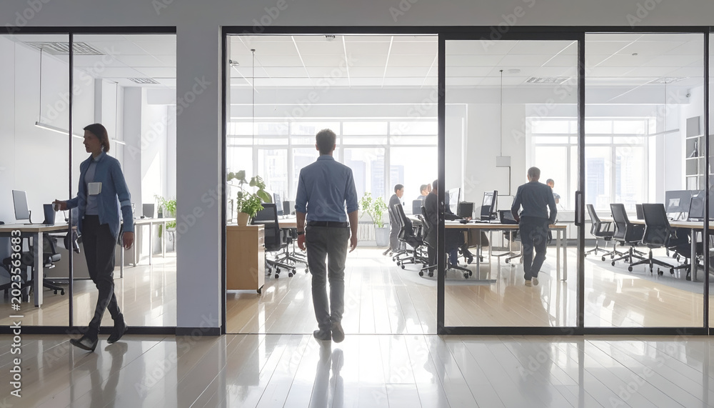 Fototapeta premium Modern Office Interior with Silhouetted People Walking Through Glass Doors.